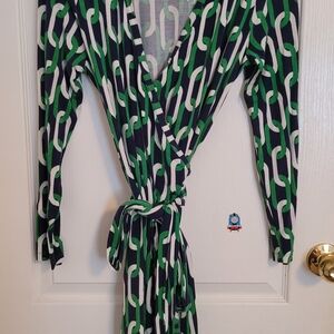 Banana Republic Green and White Chain Print Wrap Dress